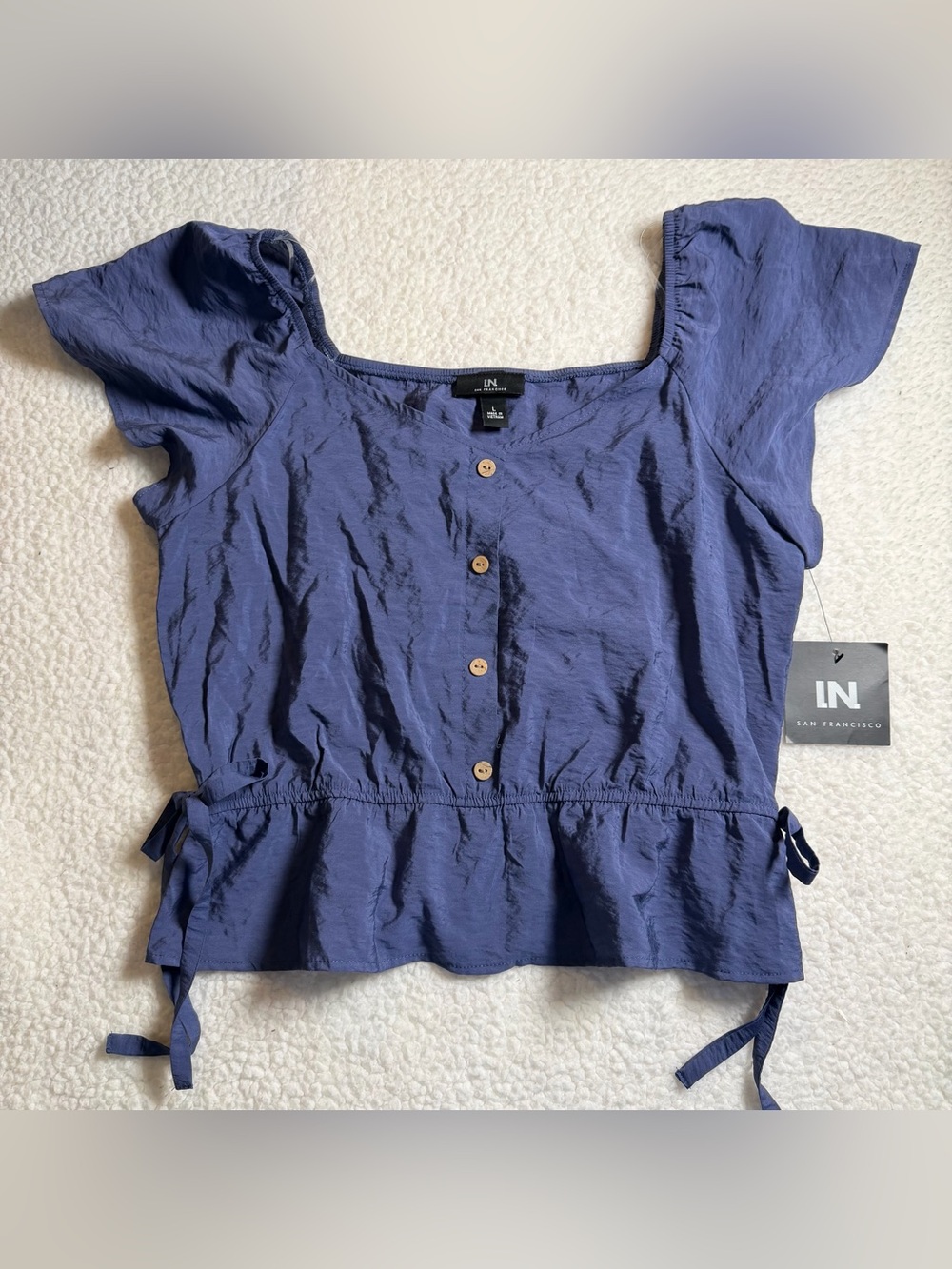 I.N. San Francisco Blue Button-Front Crop Top